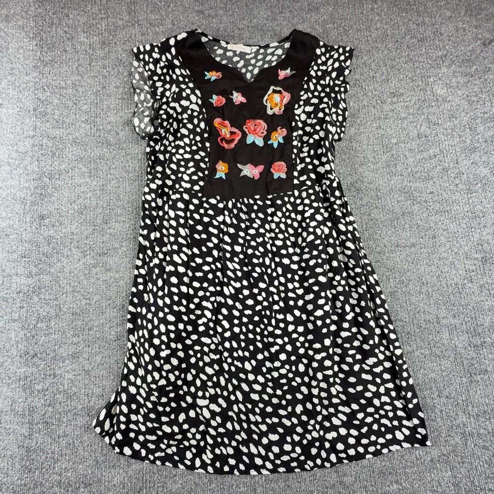 KIRUNDO Womens Black Animal Print Embroidered Boho Flutter Sleeve Dress M 7089